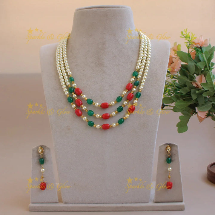 Gorgeous Three layer pearls Coral and green beads mid length haram - Sparkle and Glow
