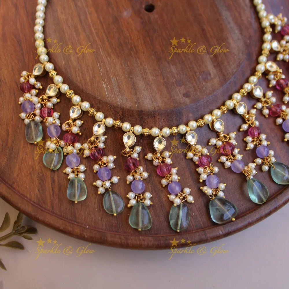 Elegant pearls and multi colour bead drops kundan short necklace - Sparkle and Glow