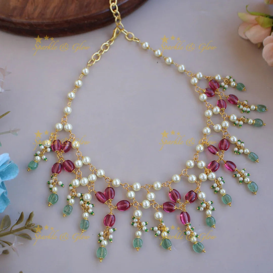 Stunning floral design pearls pink and mint green beads kundan short necklace - Sparkle and Glow