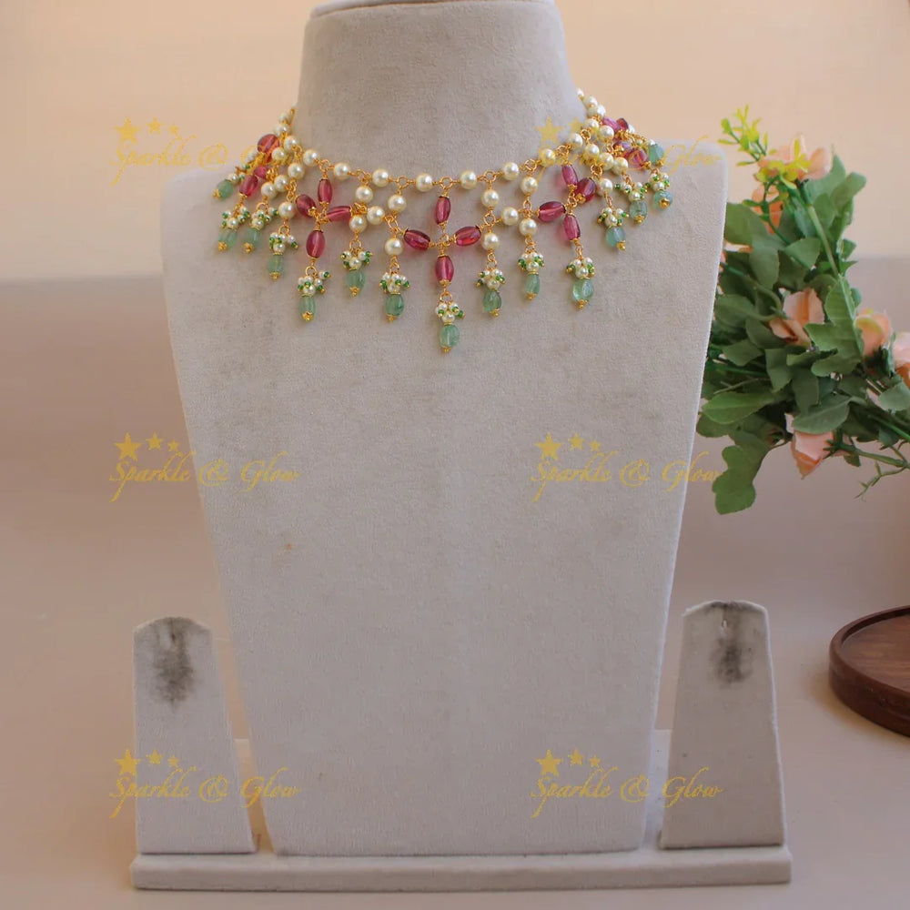 Stunning floral design pearls pink and mint green beads kundan short necklace - Sparkle and Glow