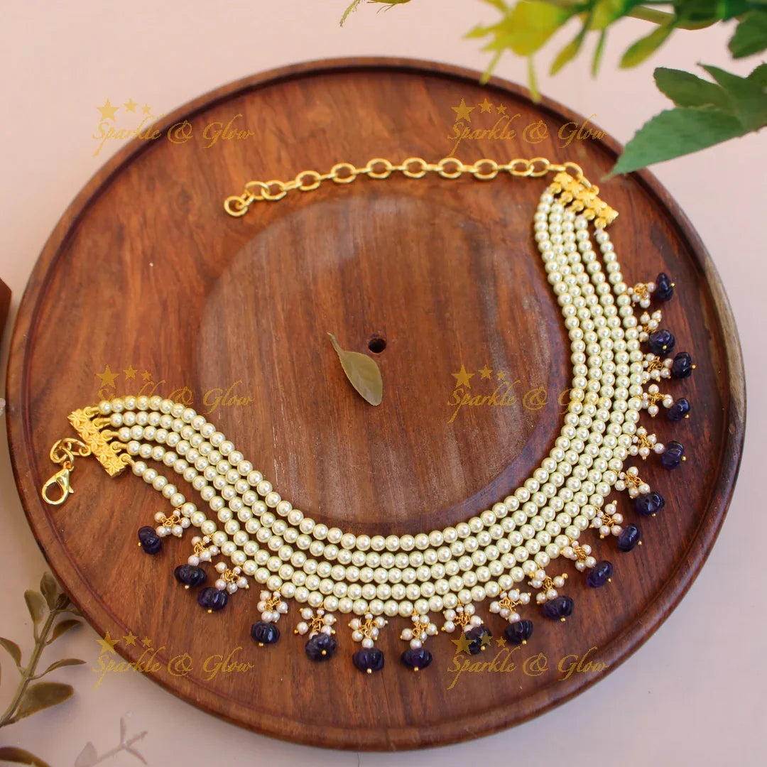Elegant Five layer pearl choker with blue pumpkin beads - Sparkle and Glow