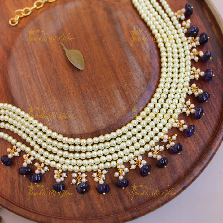 Elegant Five layer pearl choker with blue pumpkin beads - Sparkle and Glow