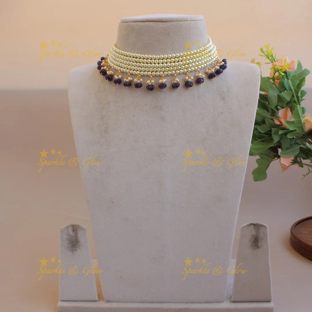 Elegant Five layer pearl choker with blue pumpkin beads - Sparkle and Glow