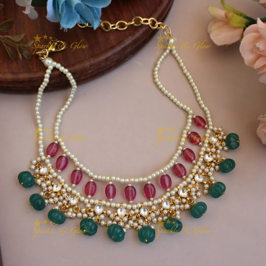 Statement layer pearl and kundan choker with pink and green beads - Sparkle and Glow