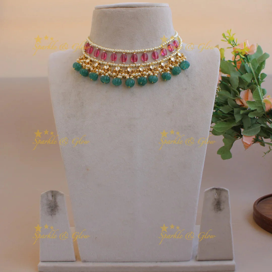Statement layer pearl and kundan choker with pink and green beads - Sparkle and Glow