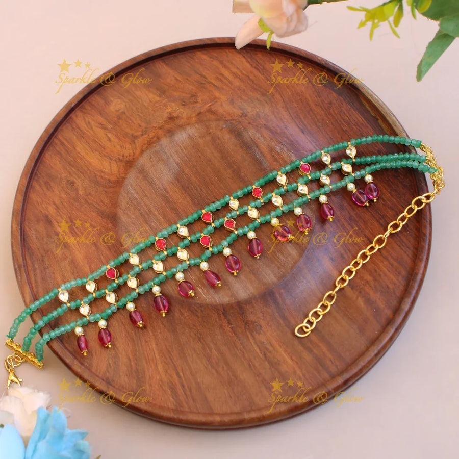 Elegant layer green beads and kundan choker with pink bead drops - Sparkle and Glow