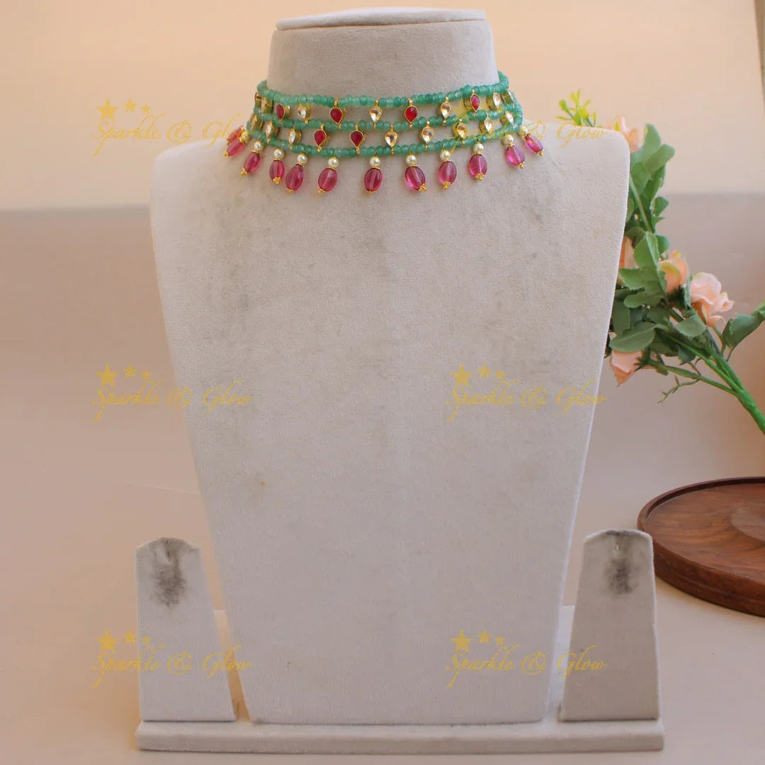 Elegant layer green beads and kundan choker with pink bead drops - Sparkle and Glow