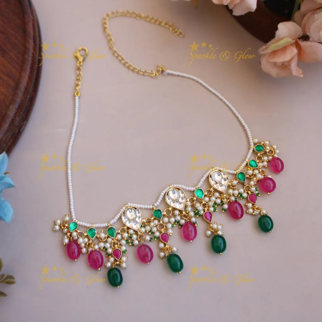 Beautiful Pearl and kundan choker with pink and green beads - Sparkle and Glow