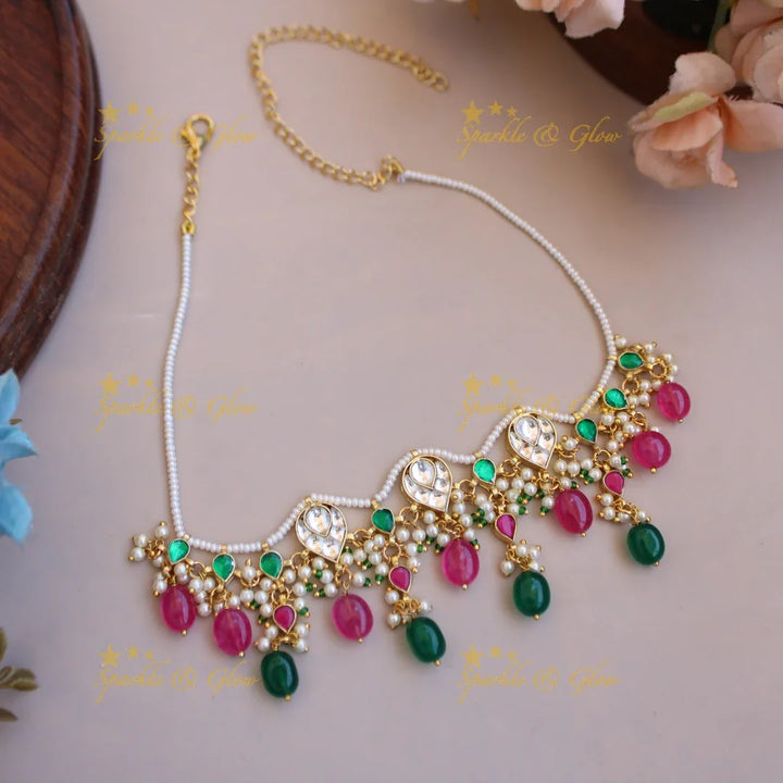 Beautiful Pearl and kundan choker with pink and green beads - Sparkle and Glow