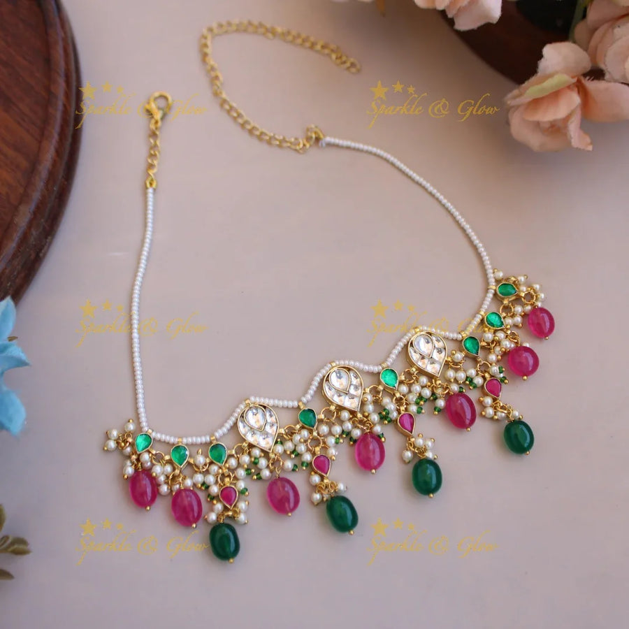 Beautiful Pearl and kundan choker with pink and green beads - Sparkle and Glow