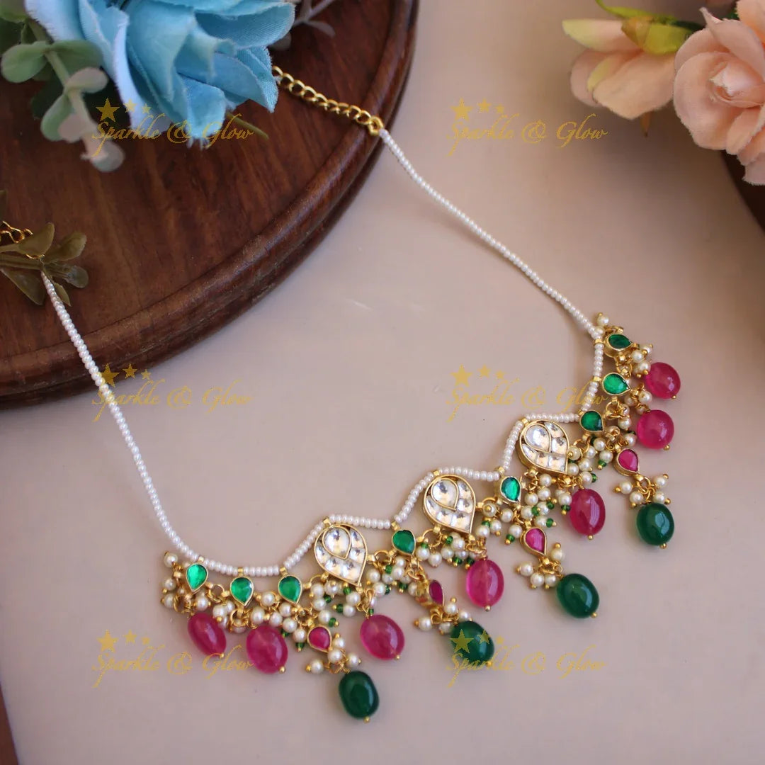 Beautiful Pearl and kundan choker with pink and green beads - Sparkle and Glow