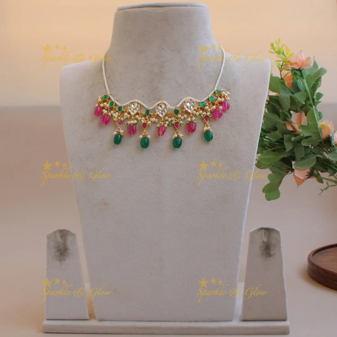 Beautiful Pearl and kundan choker with pink and green beads - Sparkle and Glow