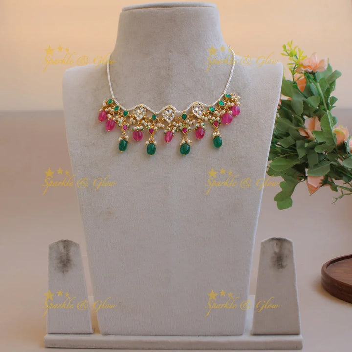 Beautiful Pearl and kundan choker with pink and green beads - Sparkle and Glow