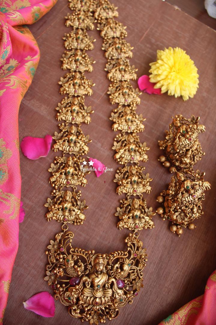 Premium quality gold alike antique polsihed grand Lakshmi haram - Sparkle and Glow