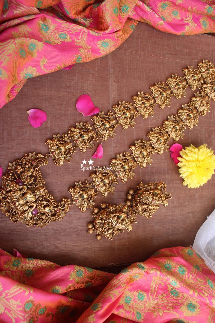 Premium quality gold alike antique polsihed grand Lakshmi haram - Sparkle and Glow