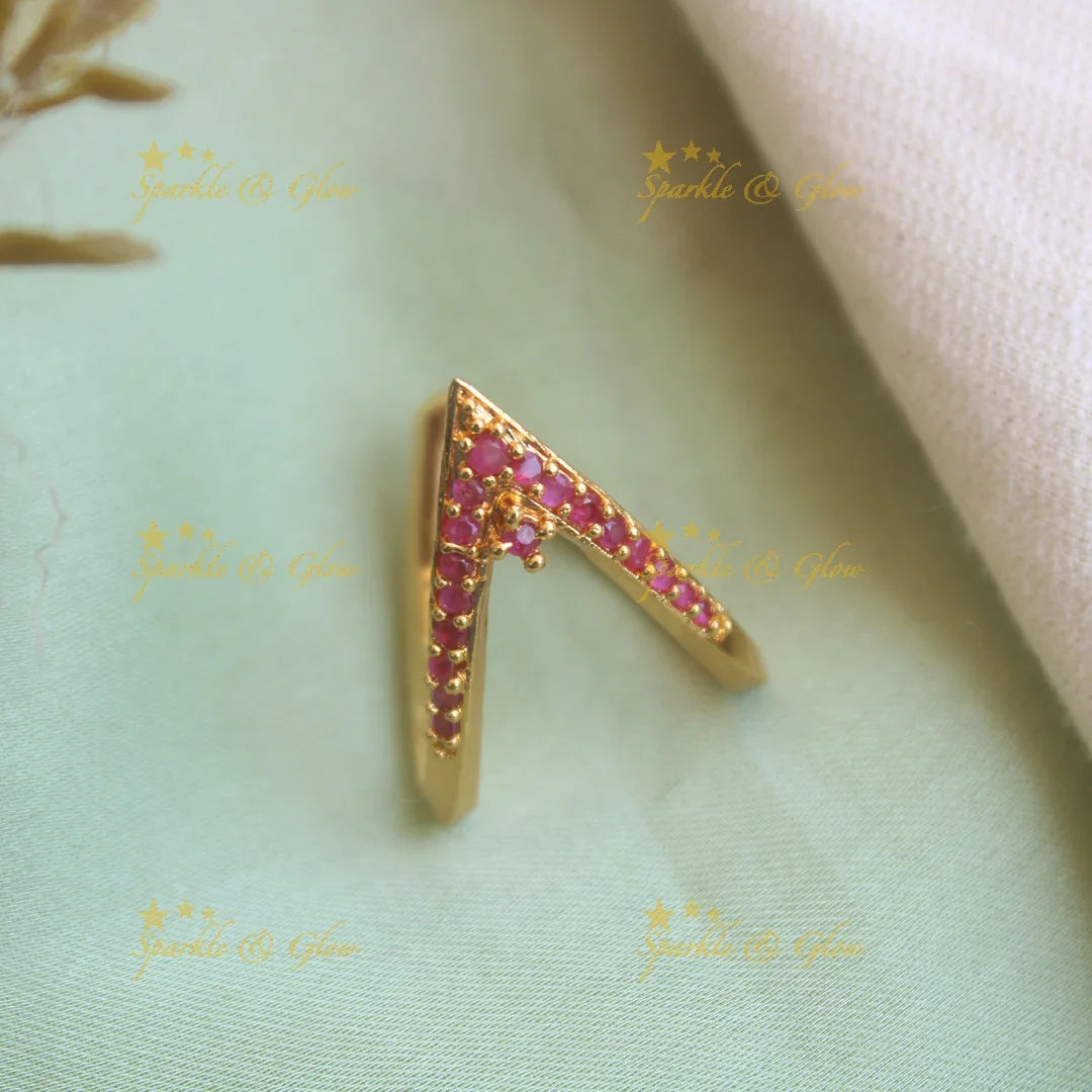 Elegant V shape Vanki finger ring with with ruby stones - Sparkle and Glow