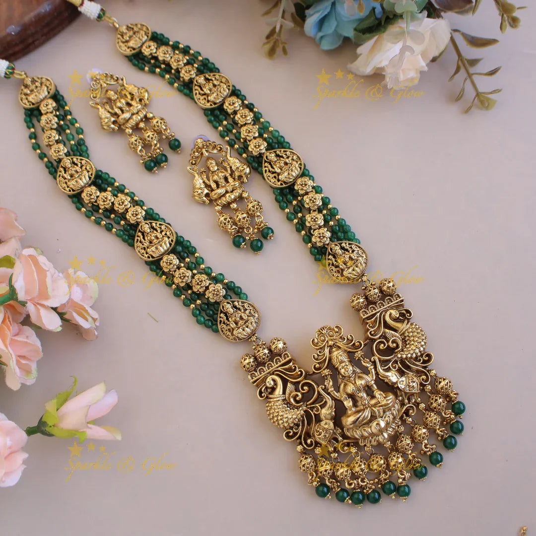 Gorgeous Lakshmi peacock elephant carved pendant multi layer beads haram with gold beads - mint green - Sparkle and Glow