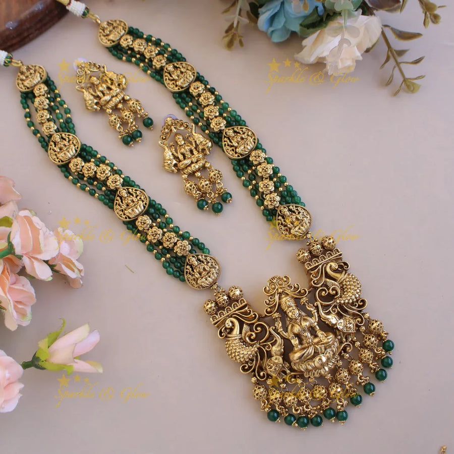 Gorgeous Lakshmi peacock elephant carved pendant multi layer beads haram with gold beads - mint green - Sparkle and Glow