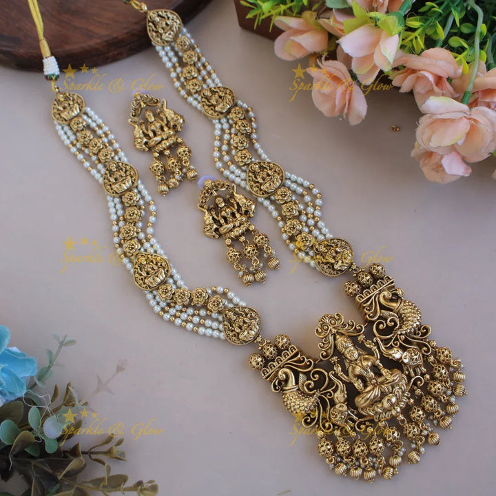 Gorgeous Lakshmi peacock elephant carved pendant multi layer beads haram with gold beads - mint green - Sparkle and Glow