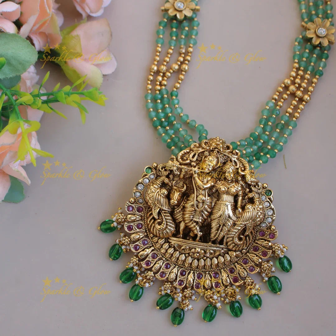 Exclusive Radha Krishna pendant multi layer gold and mint green beads haram with stones - Sparkle and Glow