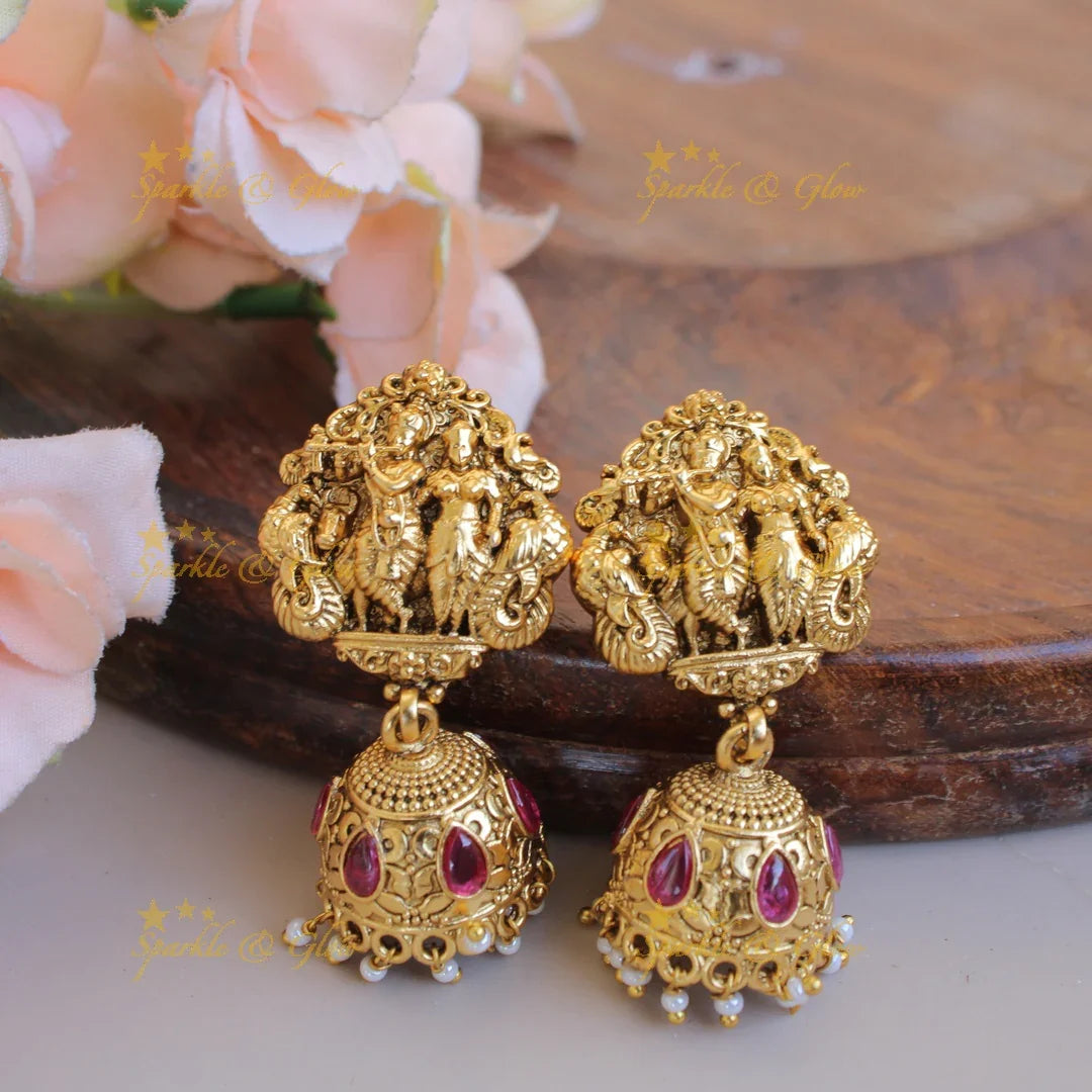 Exclusive Radha Krishna pendant multi layer gold and mint green beads haram with stones - Sparkle and Glow