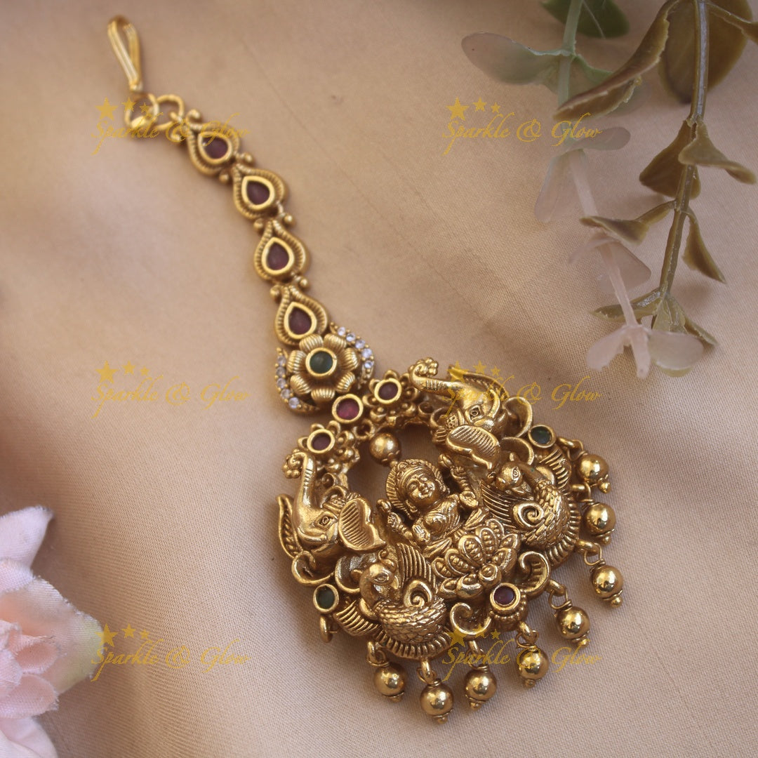 Exclusive gold alike lakshmi elephant maang tikka with gold beads