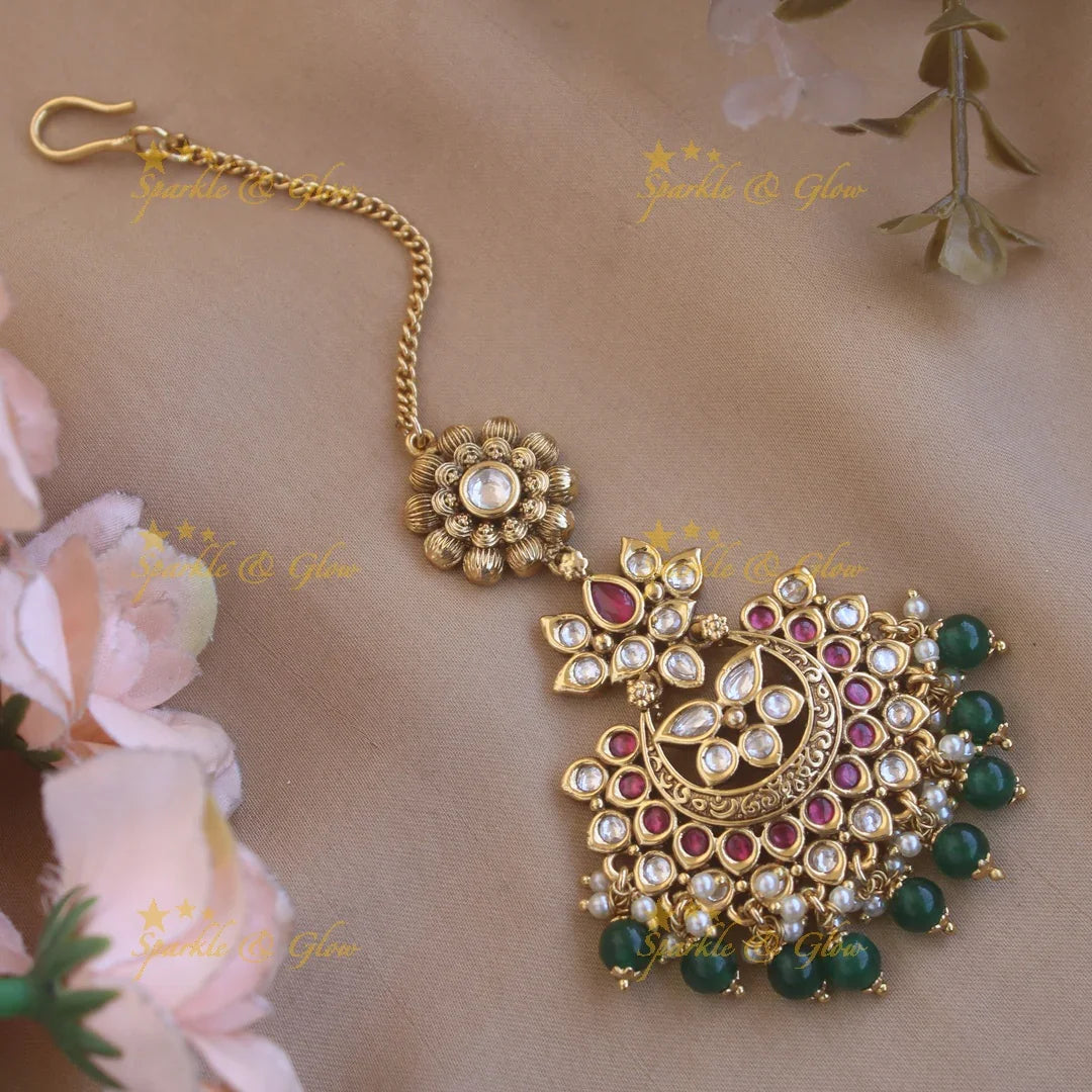 Elegant gold alike Red white stone with green beads maang tikka - Sparkle and Glow