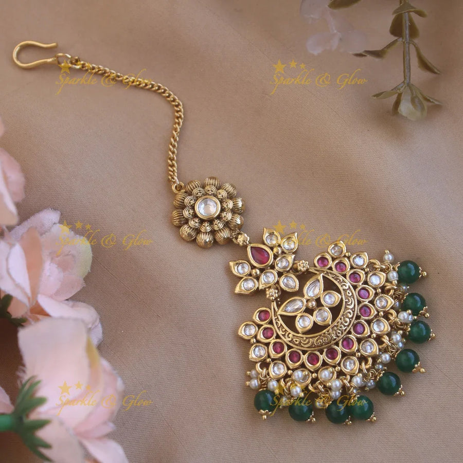 Elegant gold alike Red white stone with green beads maang tikka - Sparkle and Glow