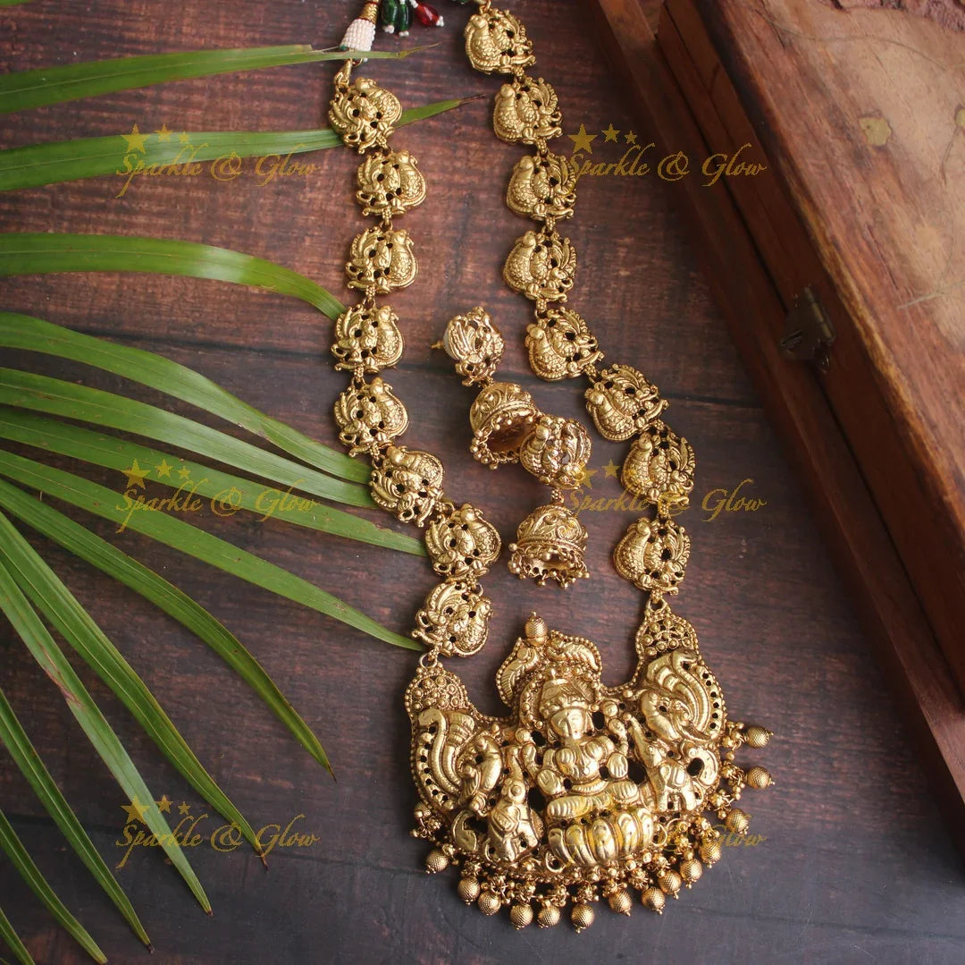 Peacock and lakshmi carved nagas haram - Pearl - Sparkle and Glow