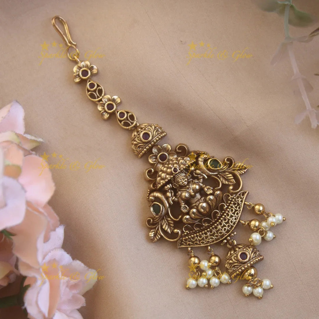 Exclusive gold alike lakshmi peacockt maang tikka with pearl beads - Sparkle and Glow