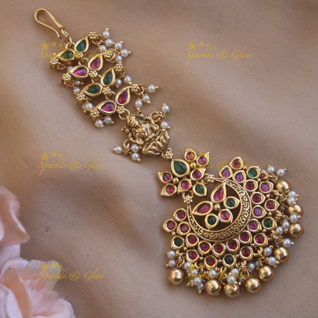 Beautiful Simple red green stone maang tikka with pearl gold beads