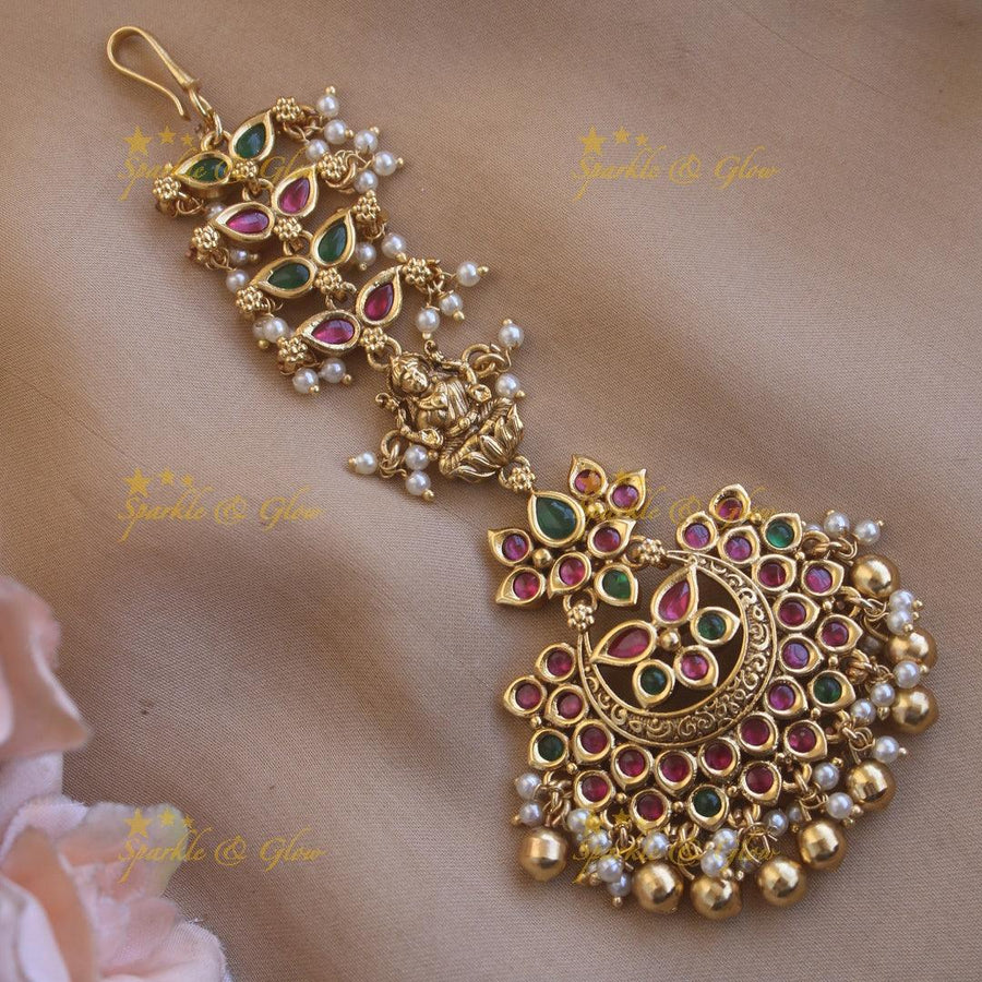 Beautiful Simple red green stone maang tikka with pearl gold beads - Sparkle and Glow