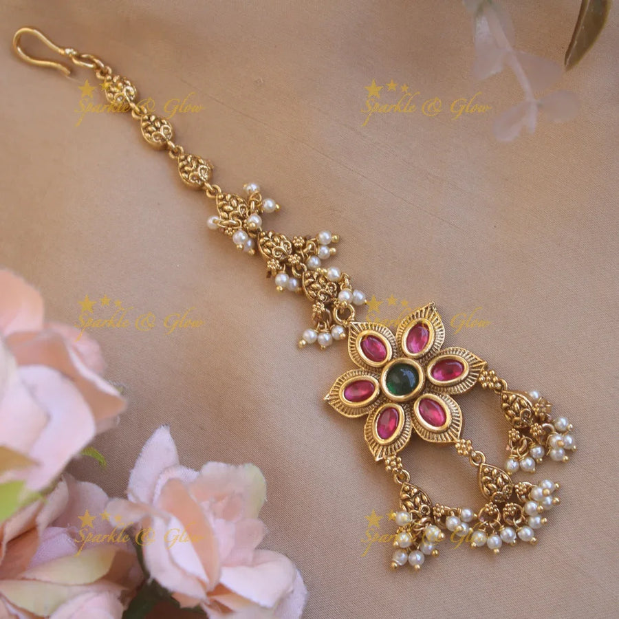 Beautiful gold alike floral design maang tikka with pearl beads - Sparkle and Glow