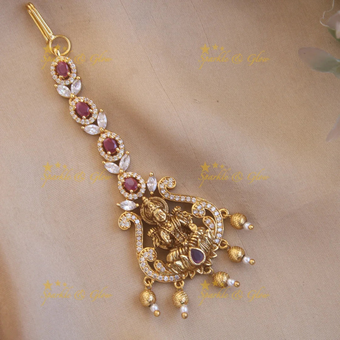 Elegant gold alike lakshmi with some ad stone and gold beads maang tikka - Sparkle and Glow