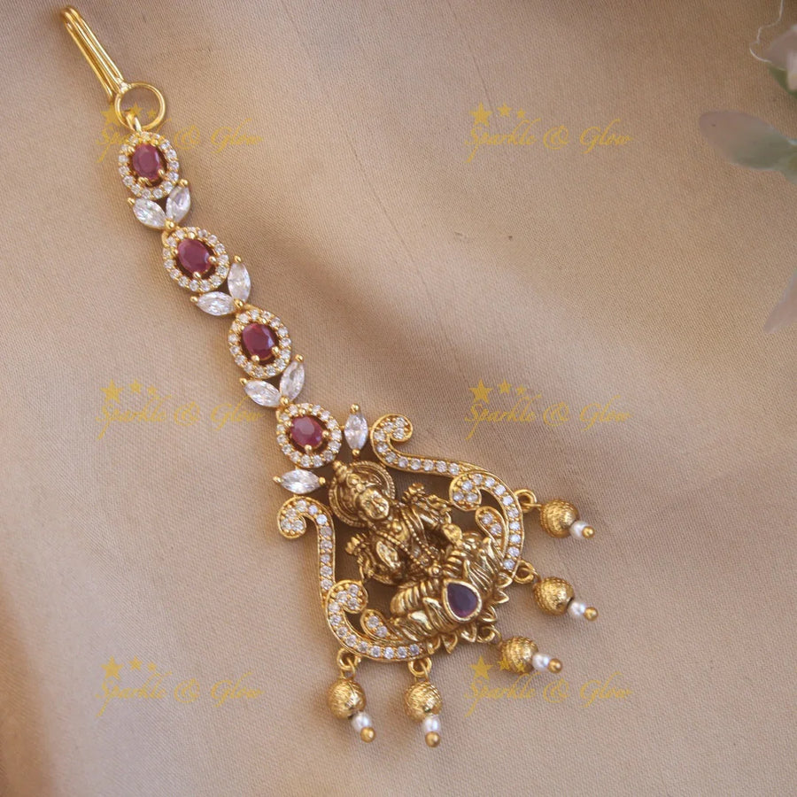 Elegant gold alike lakshmi with some ad stone and gold beads maang tikka - Sparkle and Glow