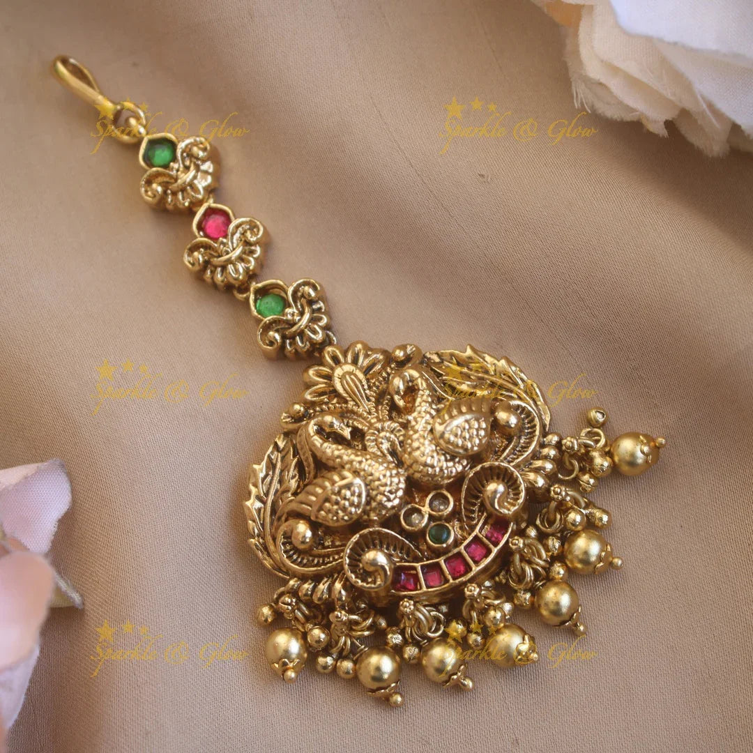 Simple jadau lakshmi with gold beads maang tikka - Sparkle and Glow