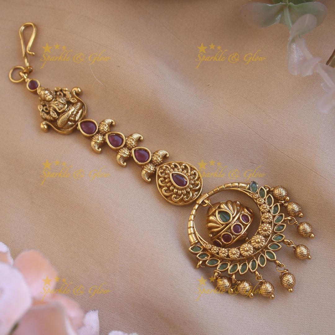 Stunning Lakshmi moon maang tikka with ruby emerald and green beads - Sparkle and Glow