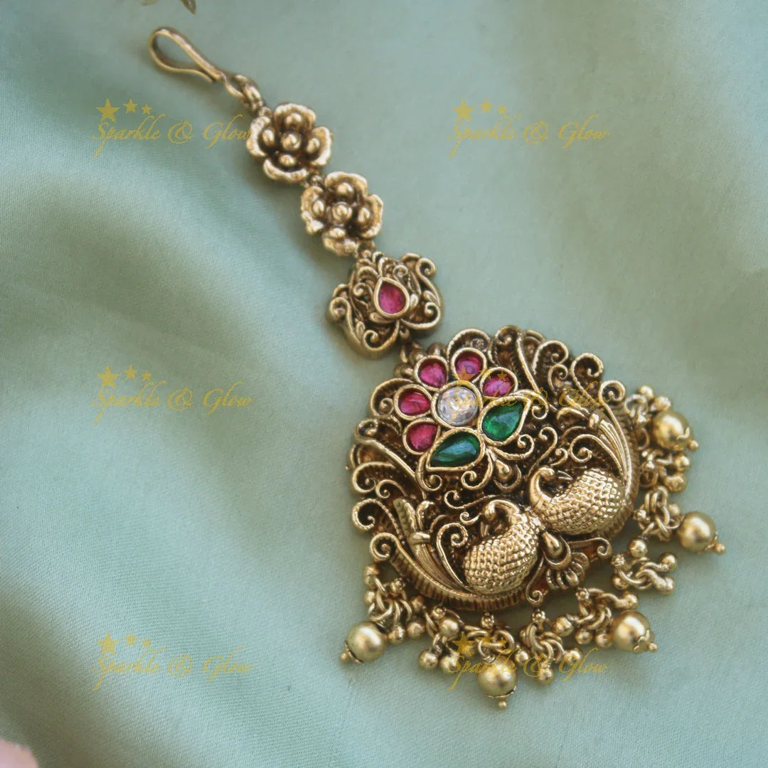 Statement Peacock floral jadau maang tikka with gold beads - Sparkle and Glow