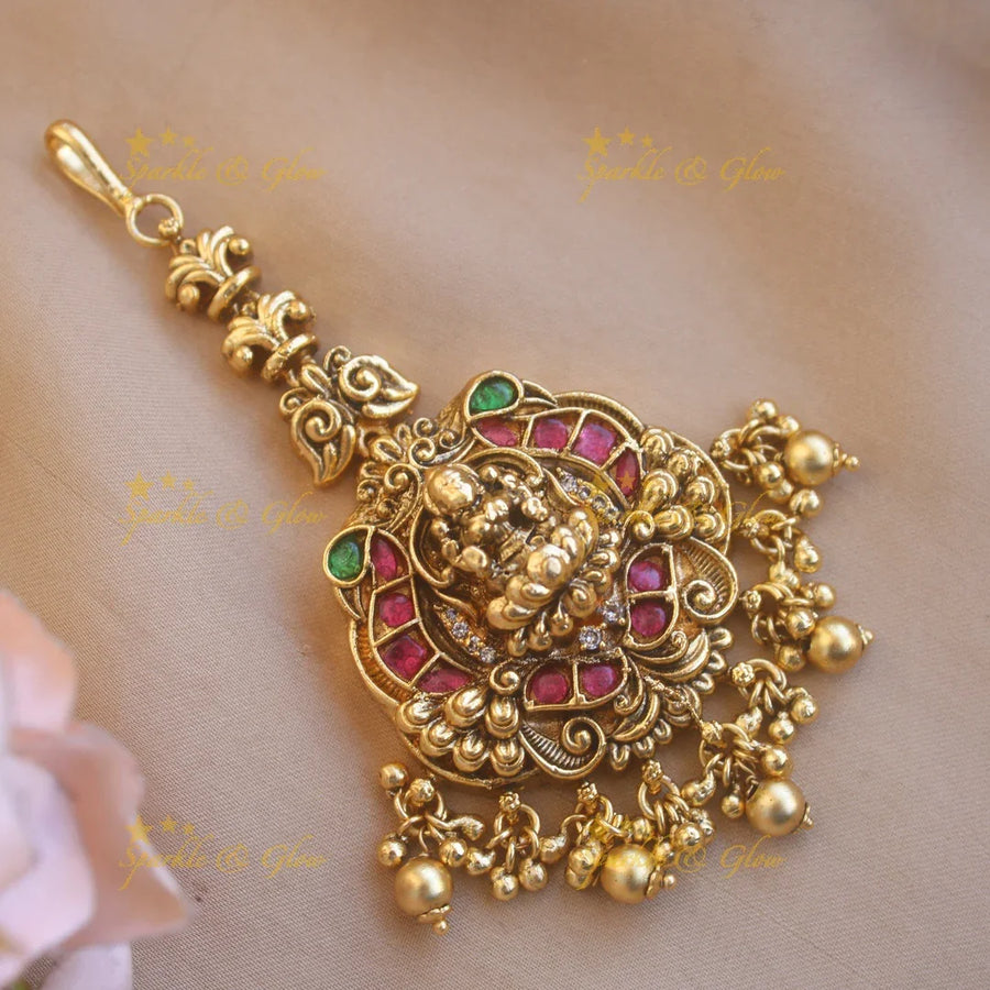 Elegant Lakshmi Peacock jadau maang tikka with gold beads - Sparkle and Glow