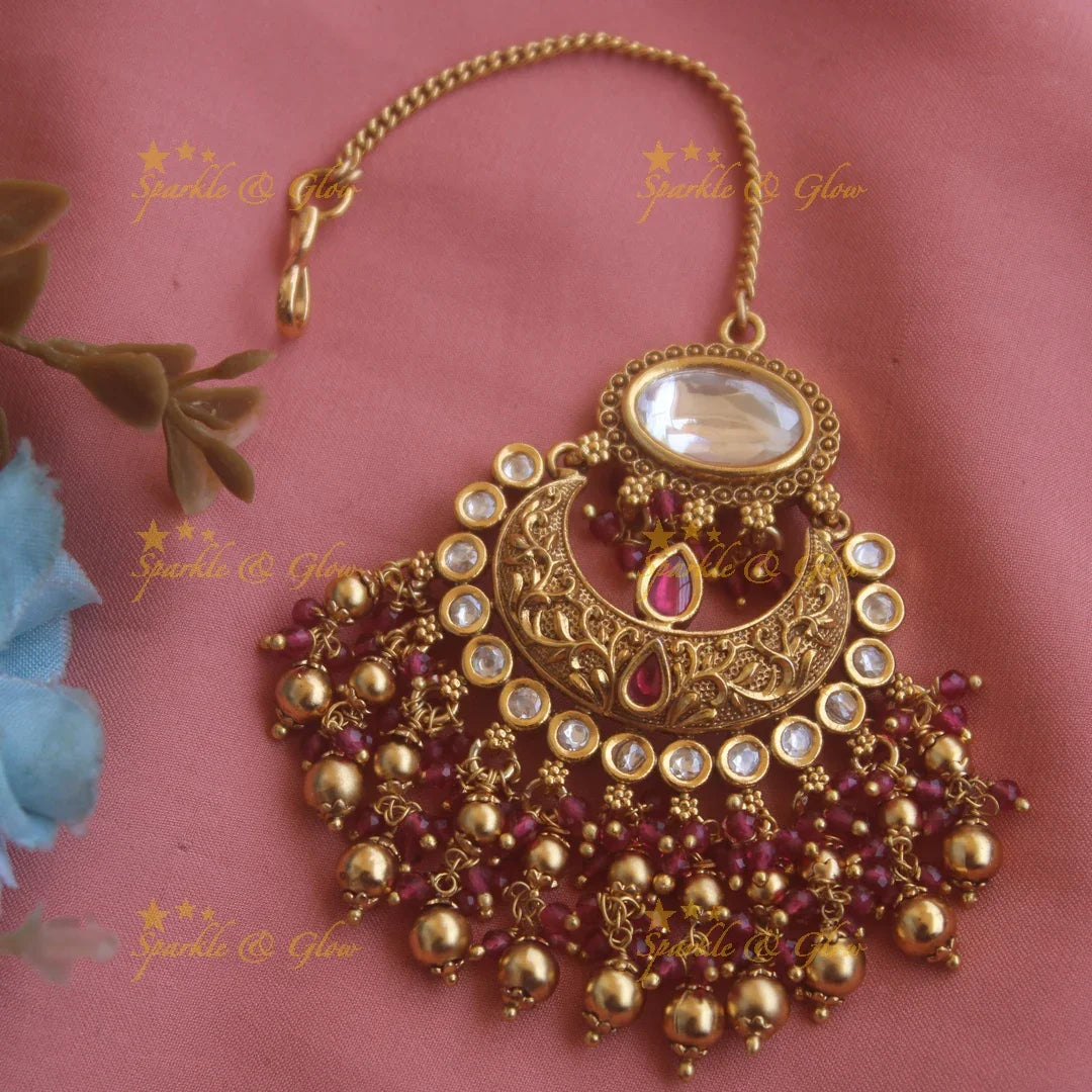 Statement Half moon kundan maang tikka with pink and gold beads - Sparkle and Glow