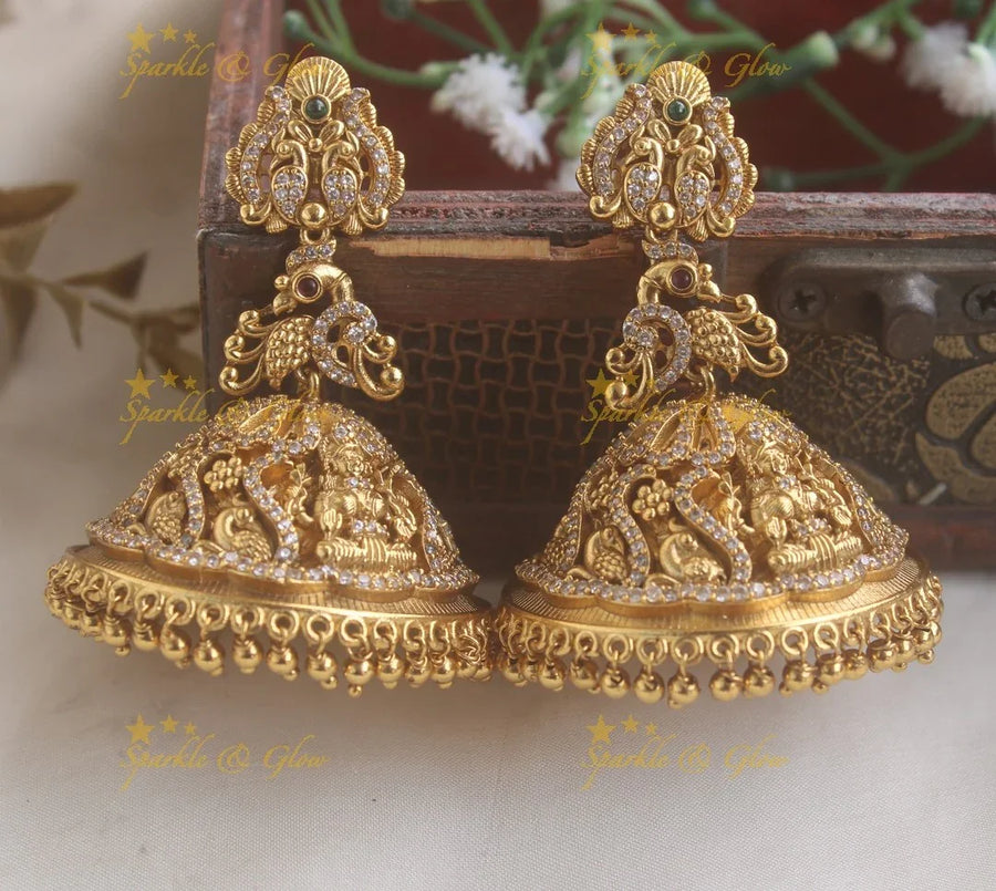 Sparkling Lakshmi Peacock carved gold beads jhumuka with AD stones - Sparkle and Glow