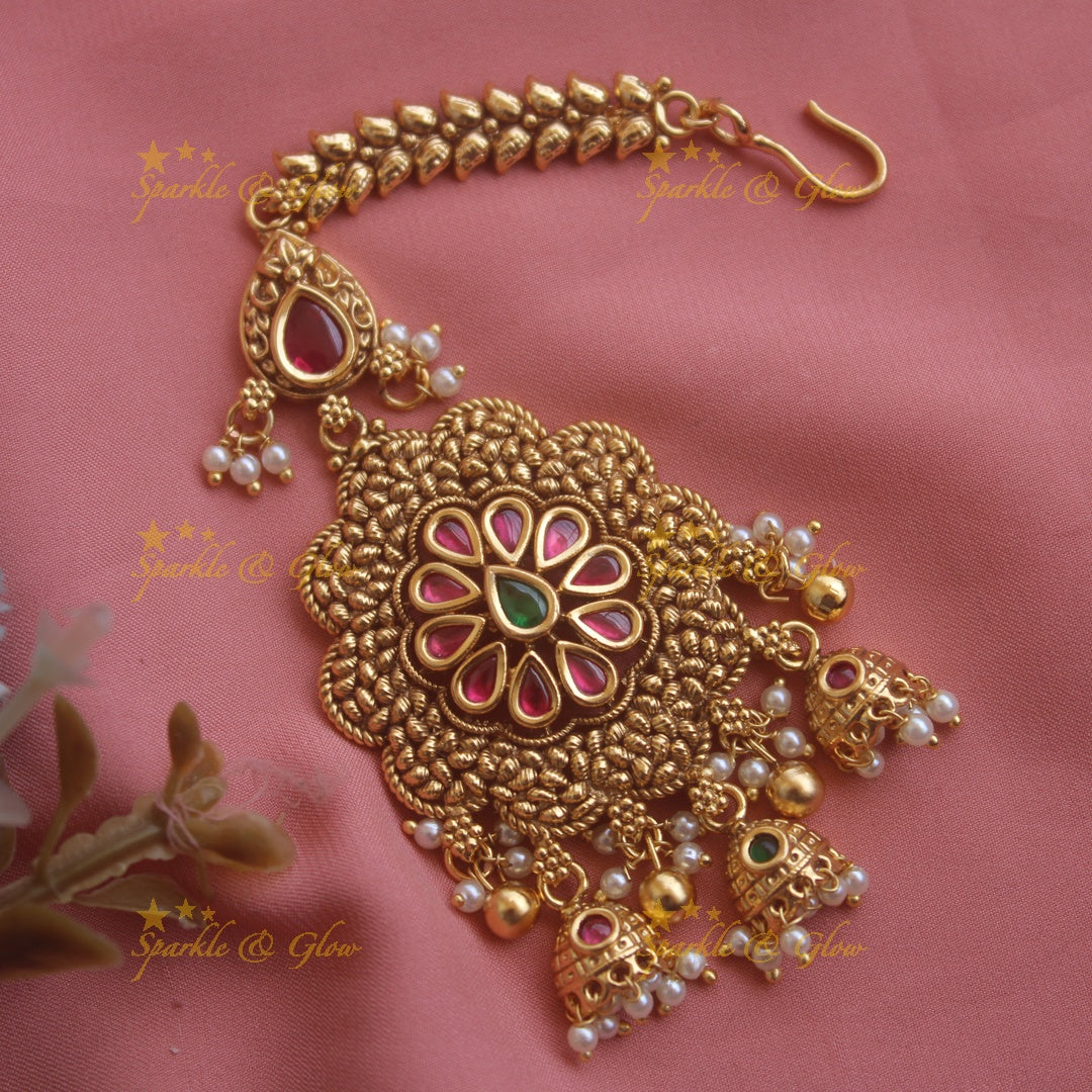 Beautiful Flower carved jadau maang tikka with jhumuka drops