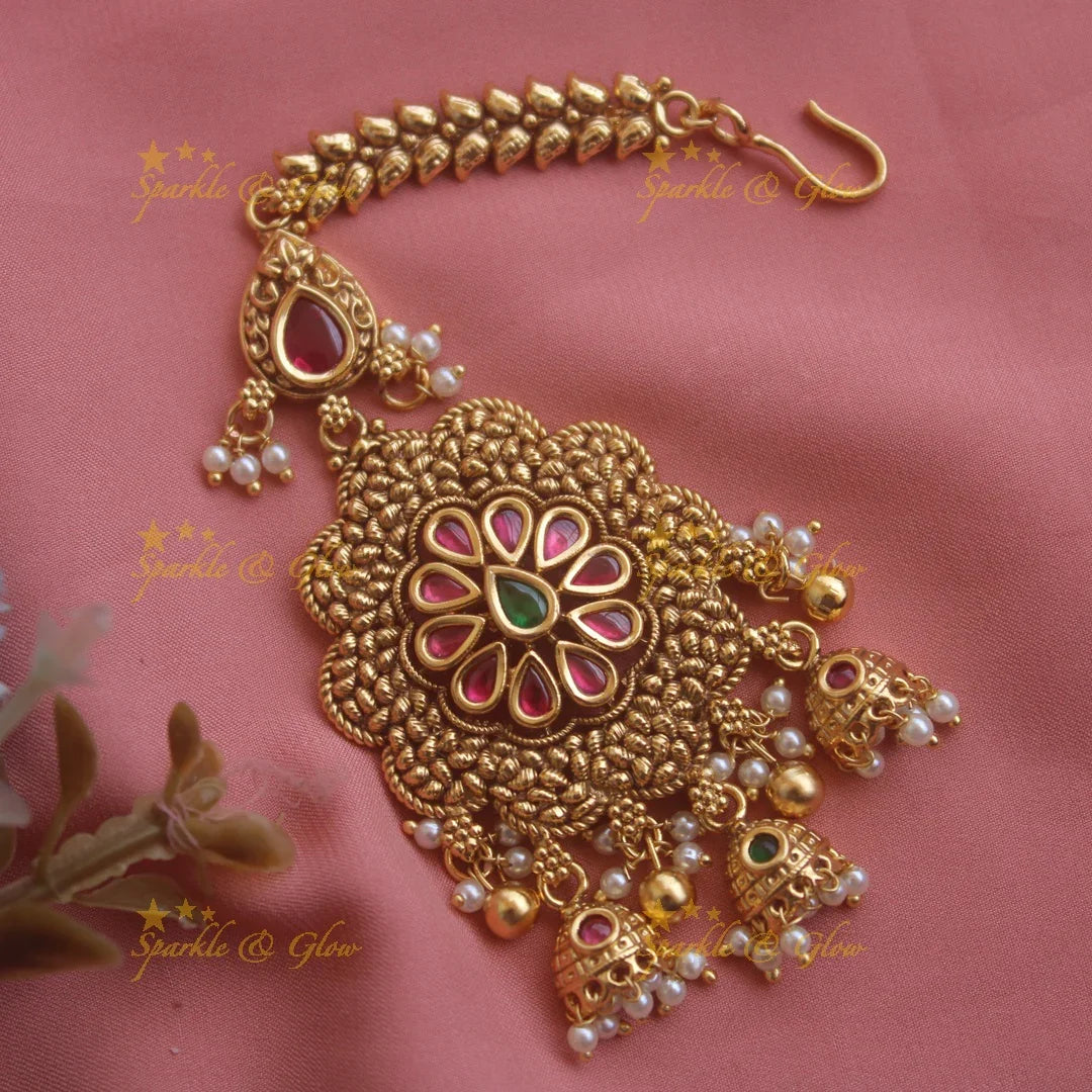 Beautiful Flower carved jadau maang tikka with jhumuka drops - Sparkle and Glow