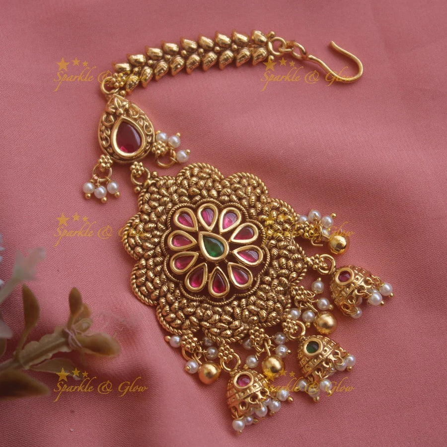 Beautiful Flower carved jadau maang tikka with jhumuka drops - Sparkle and Glow