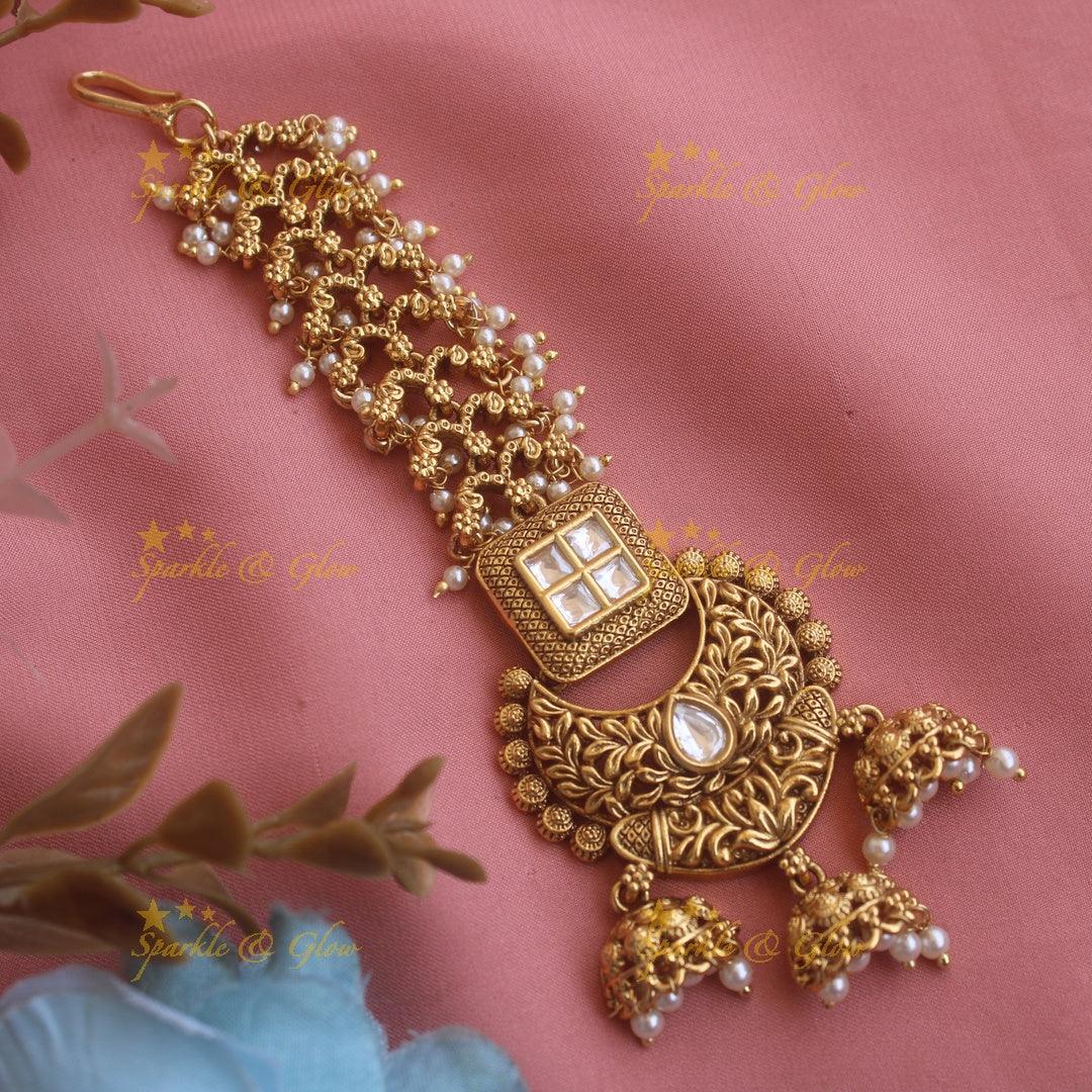 Stunning Leaflet design half moon kundan maang tikka with jhumuka drops - Sparkle and Glow