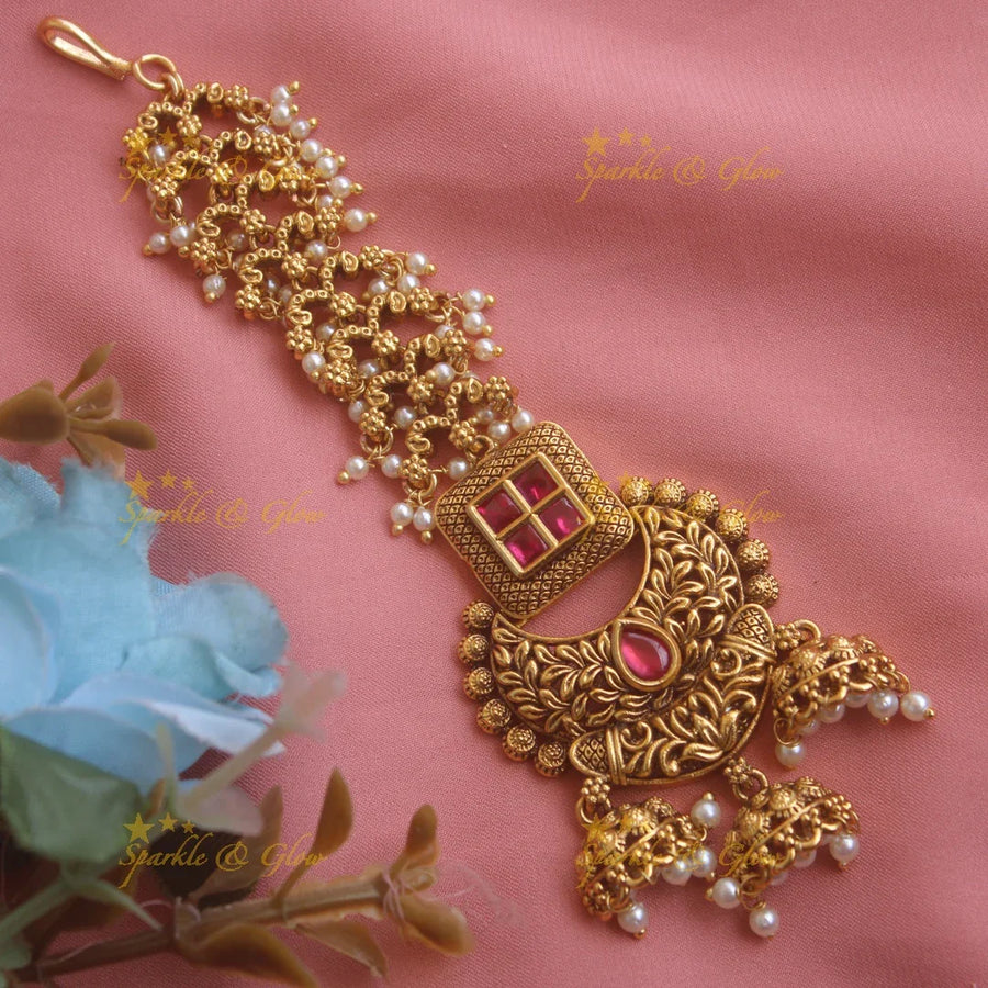 Stunning Leaflet design half moon kundan maang tikka with jhumuka drops - Sparkle and Glow