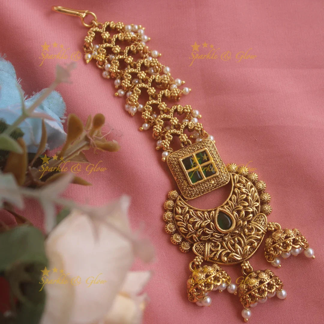 Stunning Leaflet design half moon kundan maang tikka with jhumuka drops - Sparkle and Glow