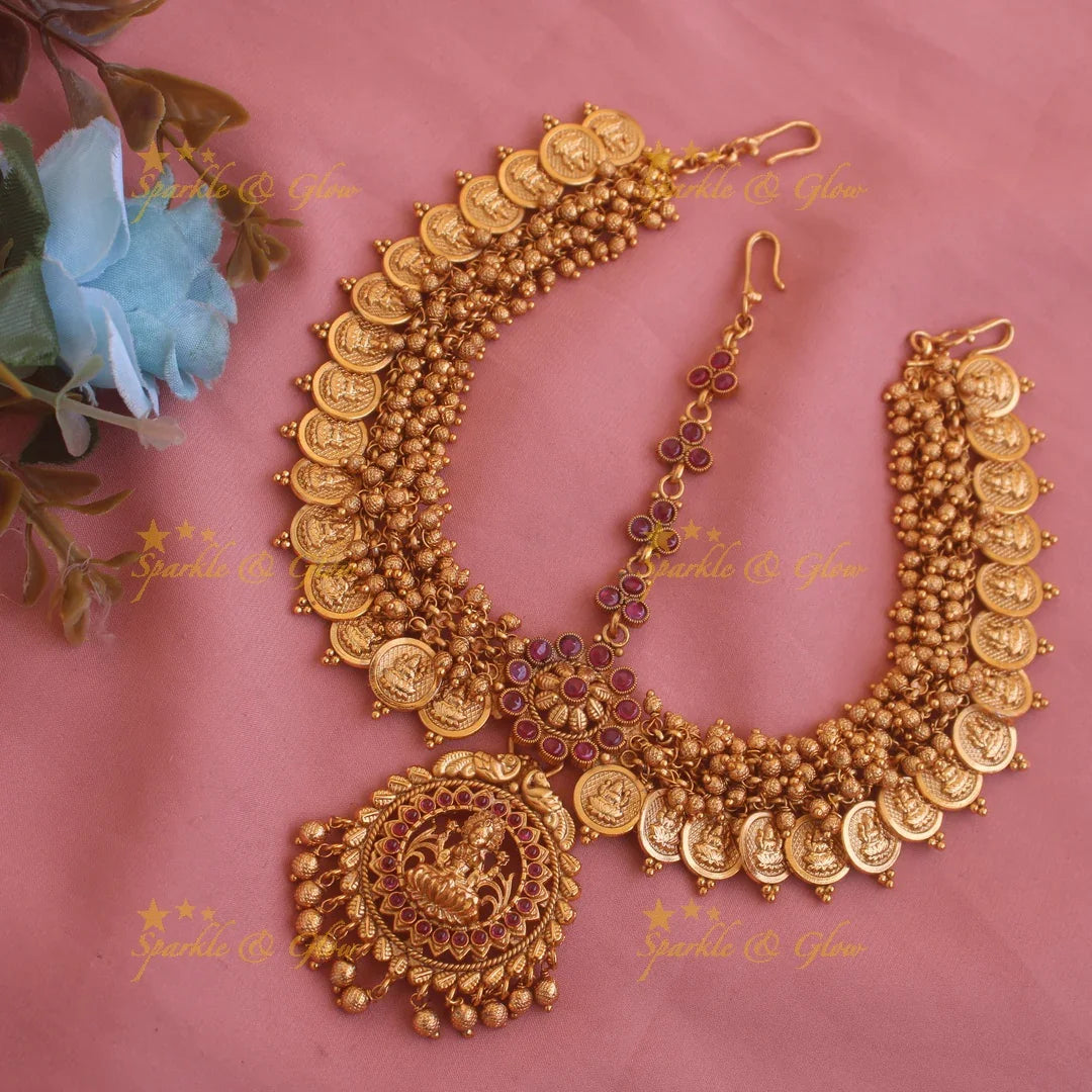Exqisite Lakshmi Coin Bridal three side maang tikka with gold cluster beads and kemp stones - Sparkle and Glow