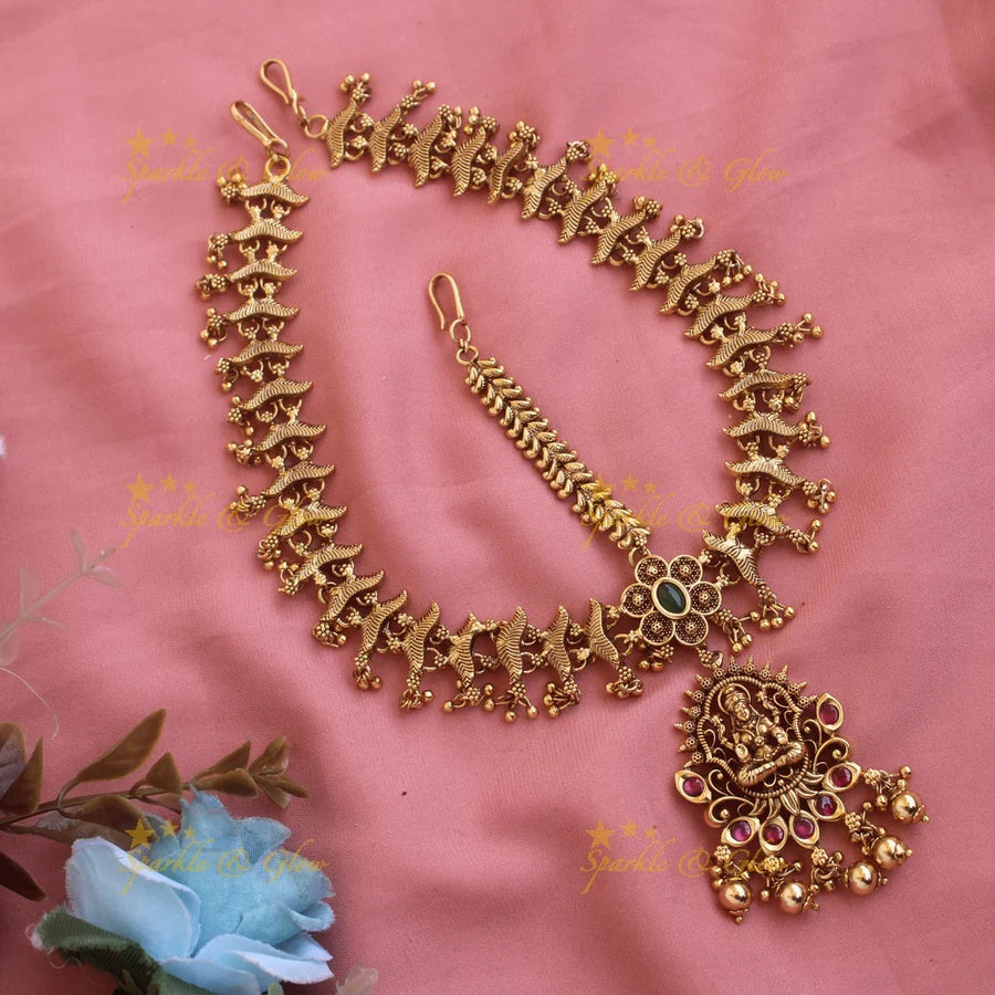 Gold alike Lakshmi Bridal three side maang tikka with gold beads - Sparkle and Glow