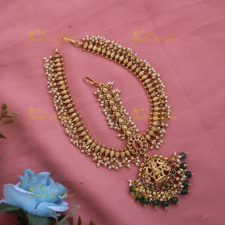 Gorgeous Lakshmi gutta pusalu Bridal three side maang tikka with ruby emerald and green beads - Sparkle and Glow